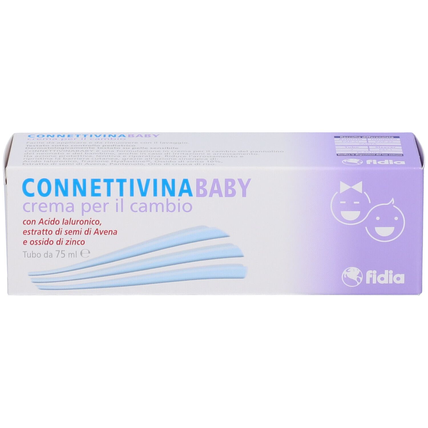 Verpackung von CONNETTIVINA BABY, crema per il cambio. Aufschrift mit Inhaltsstoffen und Logo. Lila und weiß.