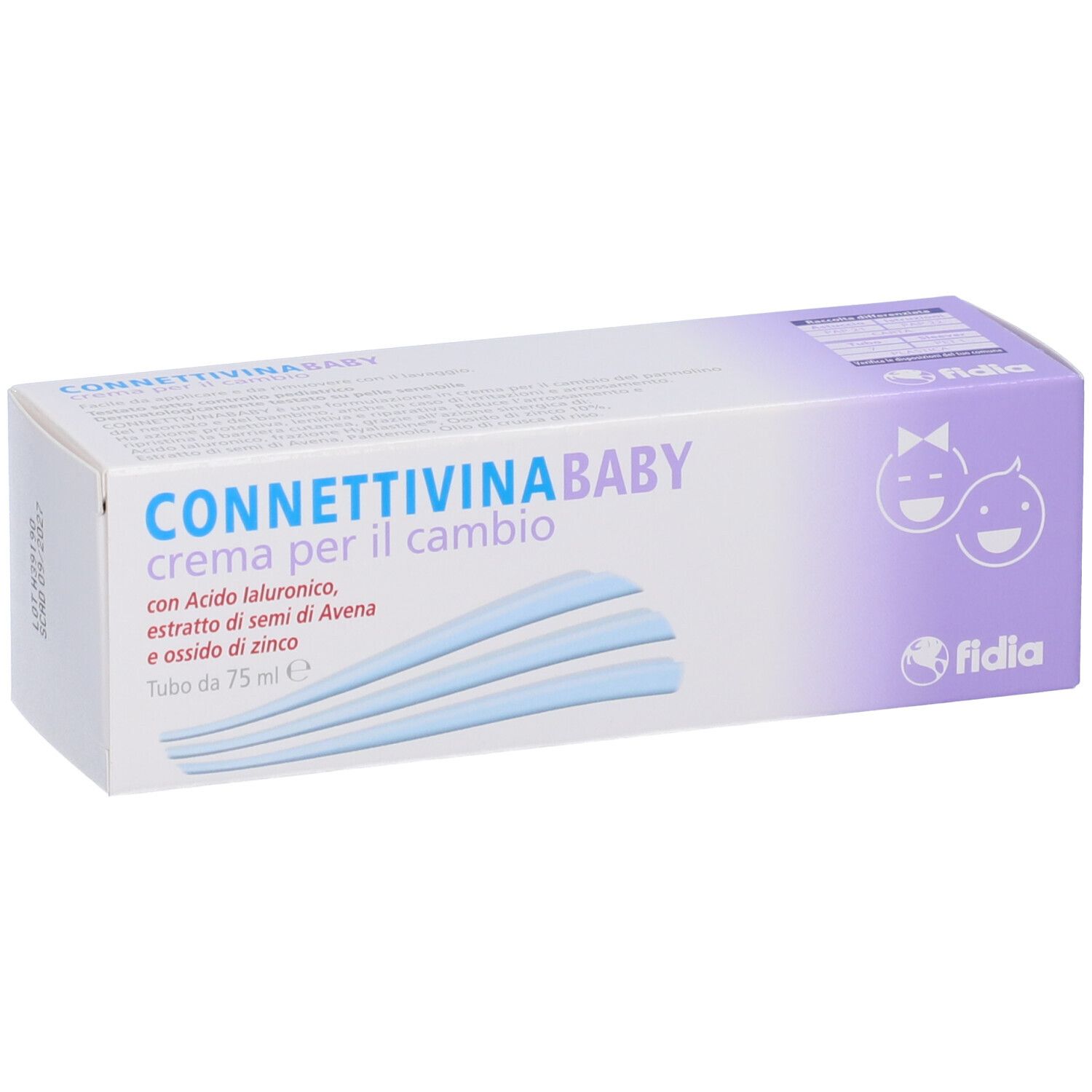 Verpackung von CONNETTIVINA BABY, crema per il cambio. Aufschrift mit Inhaltsstoffen und Logo. Lila und weiß.