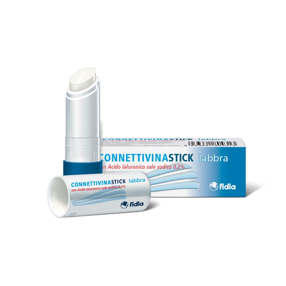 Stick labbra e confezione. Stick bianco, confezione blu e bianca con nome del prodotto e logo.