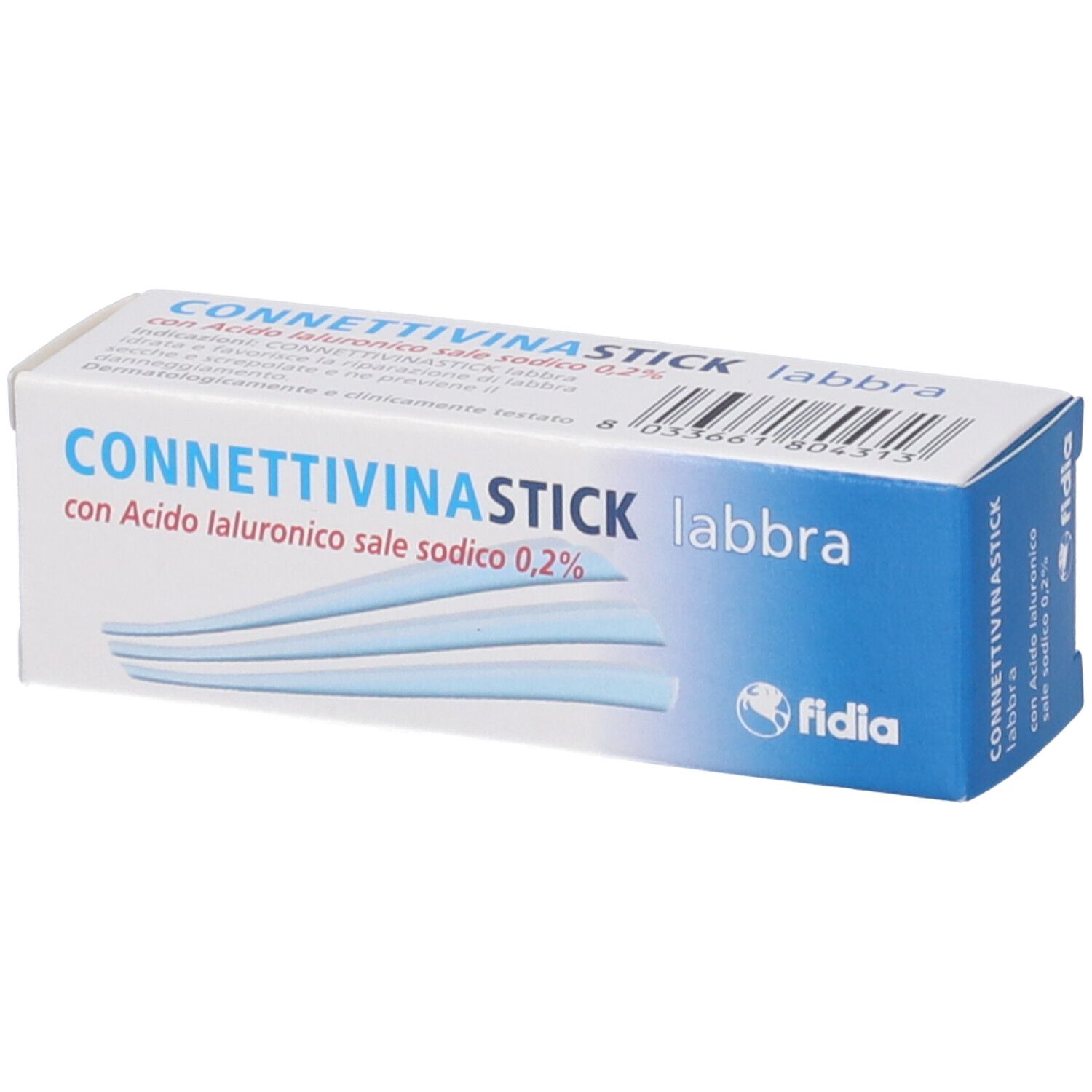 Confezione con nome del prodotto, ingredienti e logo. Scatola blu e bianca con informazioni sul prodotto.