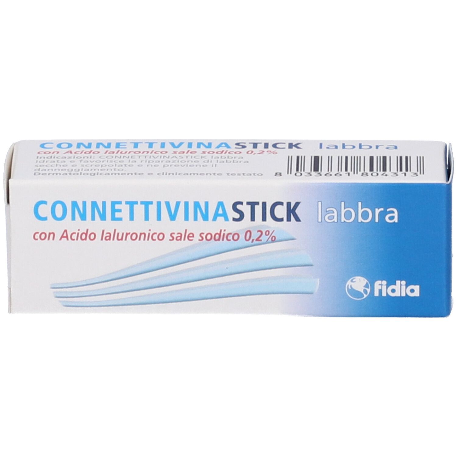 Confezione con nome del prodotto e logo. Scatola blu e bianca con informazioni sul prodotto.