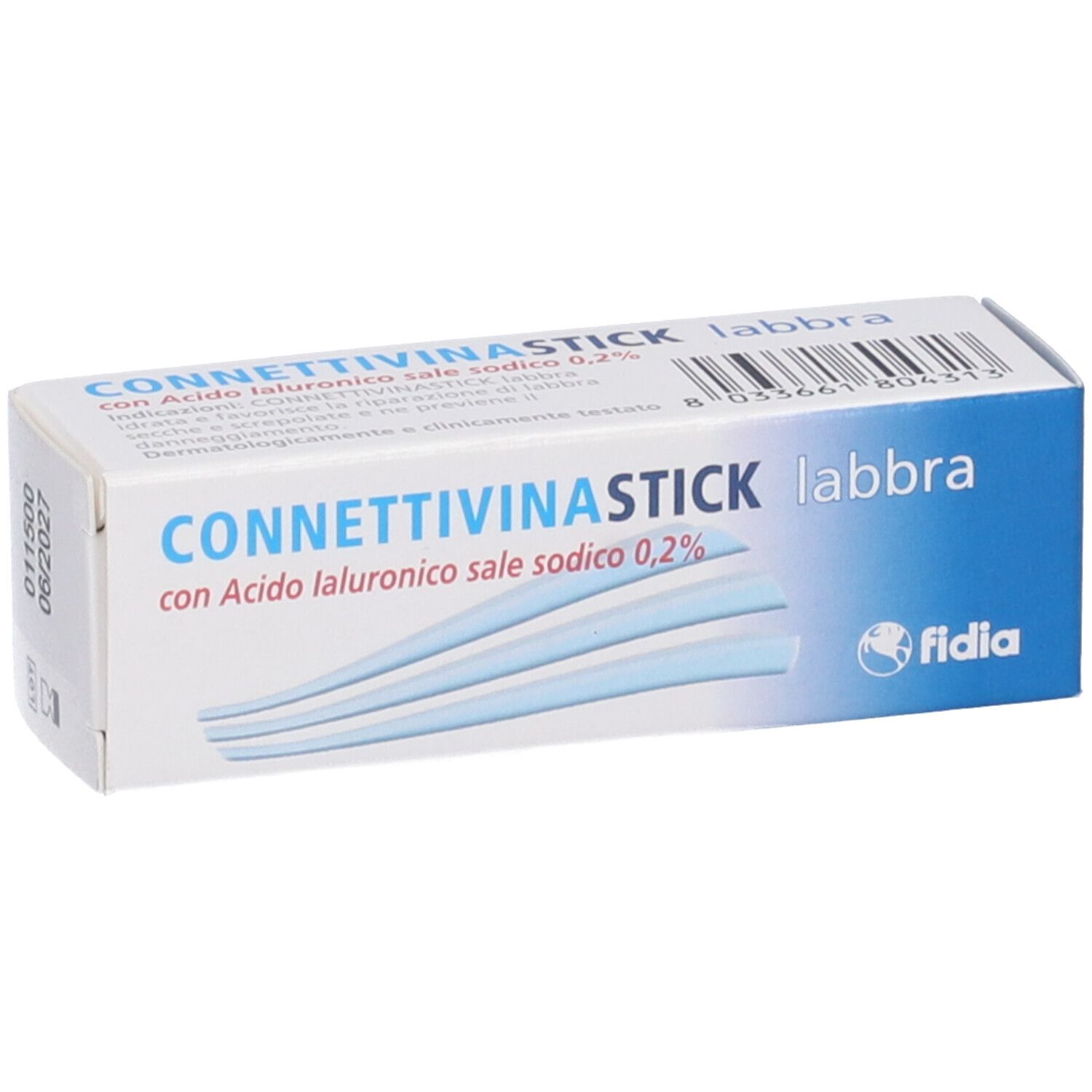 Confezione con nome del prodotto e logo. Scatola blu e bianca con informazioni sul prodotto.