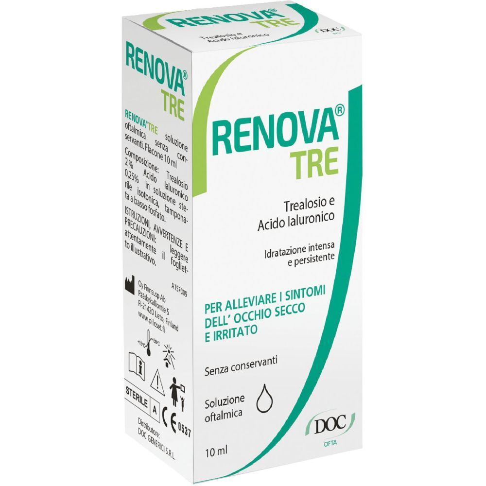 Confezione di collirio Renova Tre. Contiene trealosio e acido ialuronico. Flacone da 10 ml.