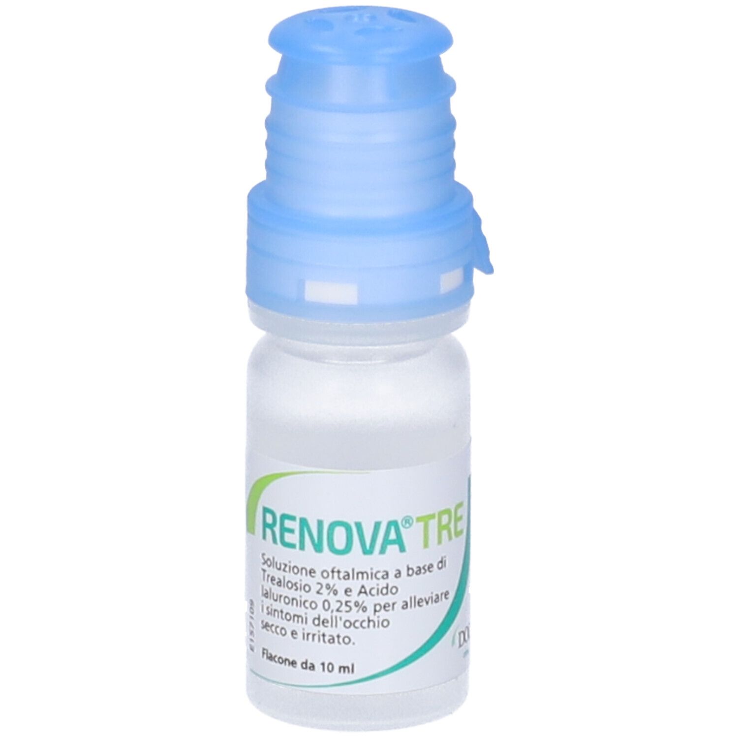 Flacone di collirio Renova Tre con tappo blu. Contiene trealosio e acido ialuronico. 10 ml.