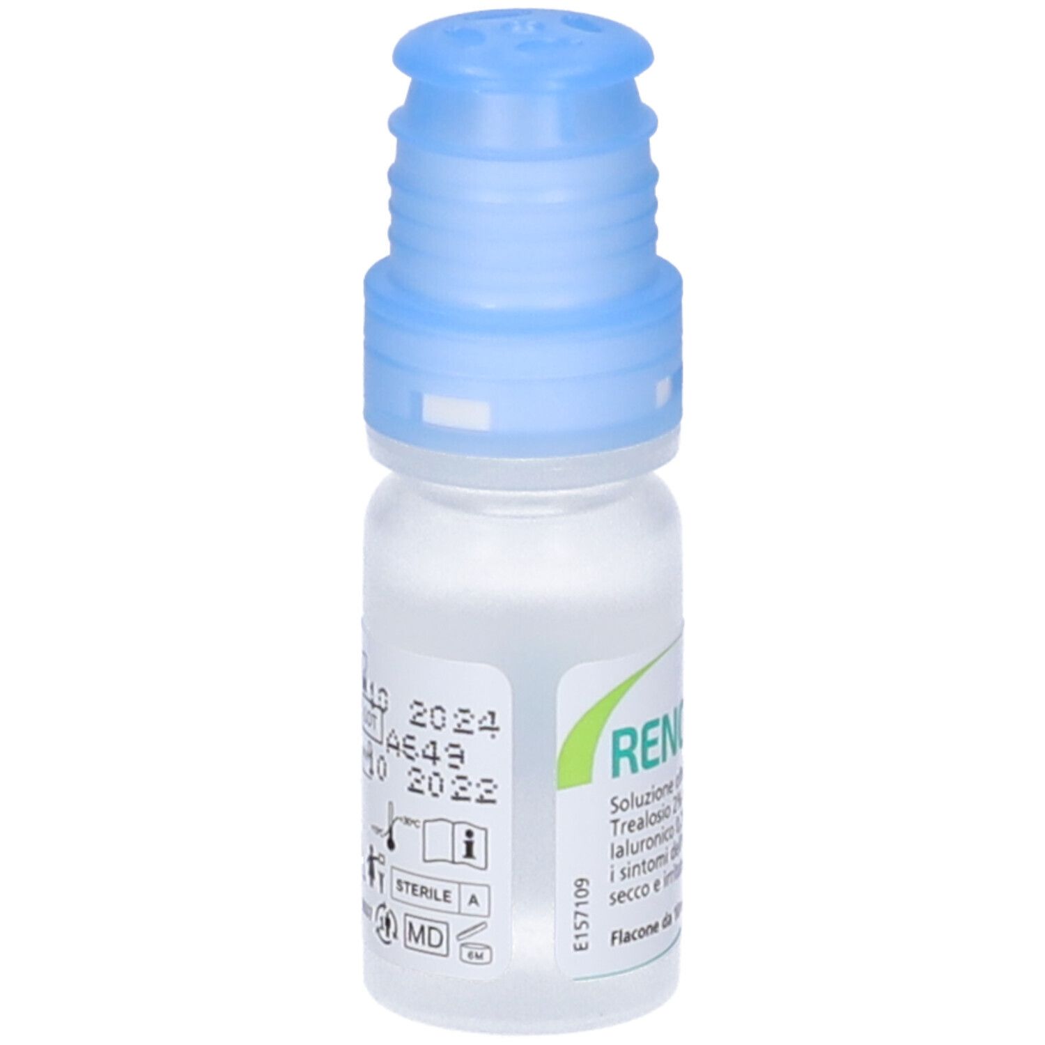 Flacone di collirio Renova Tre con tappo blu. Contiene trealosio e acido ialuronico. 10 ml.