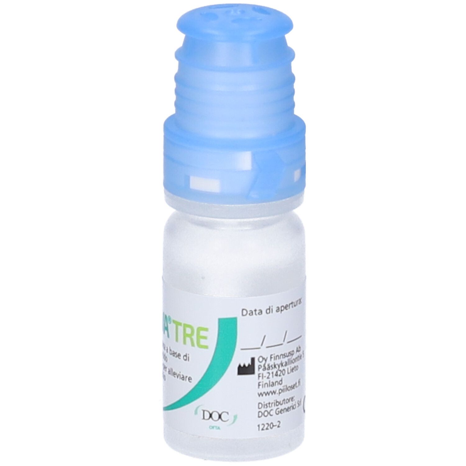 Flacone di collirio Renova Tre con tappo blu. Contiene trealosio e acido ialuronico. 10 ml.