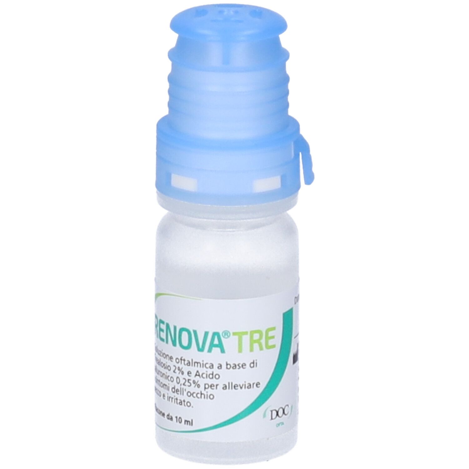 Flacone di collirio Renova Tre con tappo blu. Contiene trealosio e acido ialuronico. 10 ml.