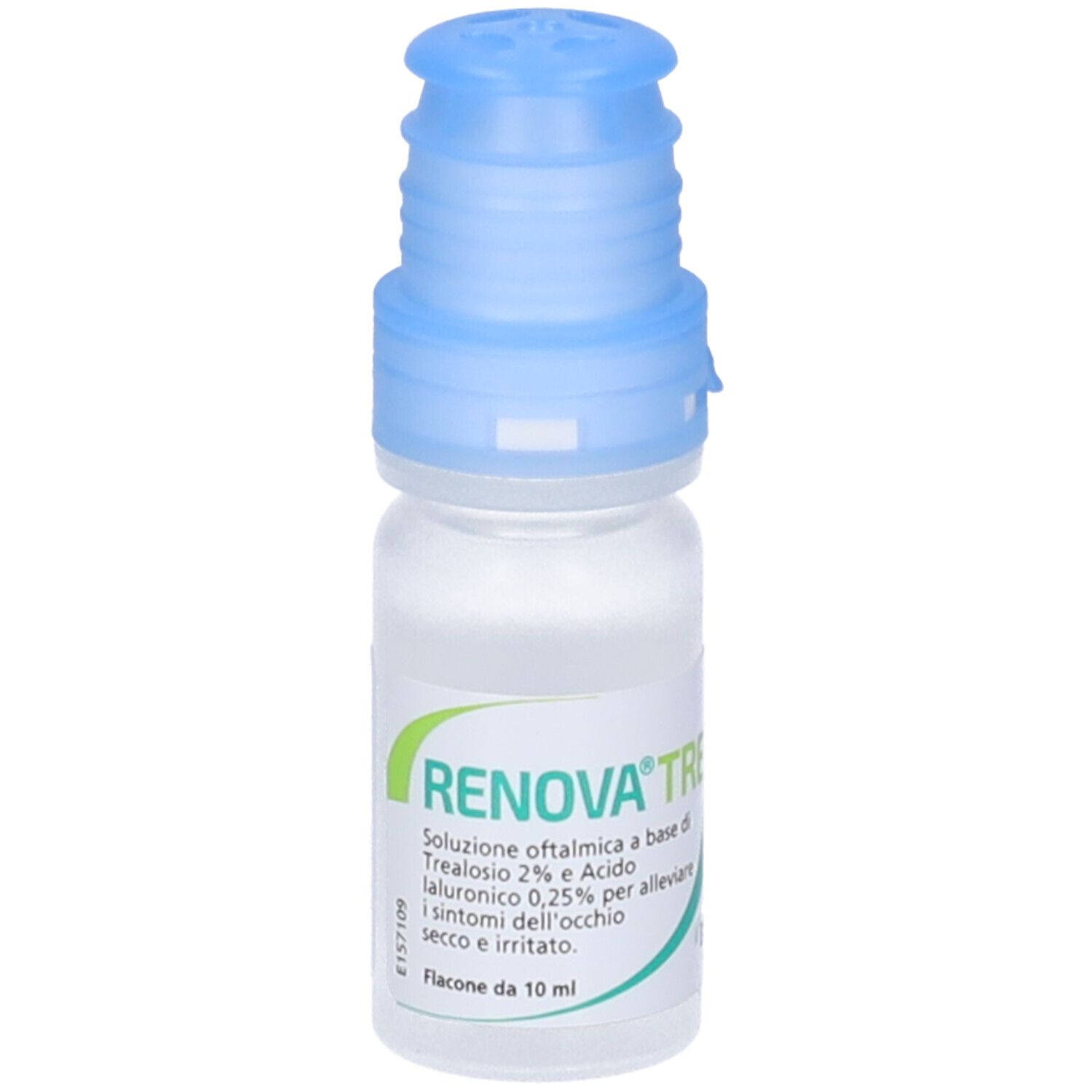 Flacone di collirio Renova Tre con tappo blu. Contiene trealosio e acido ialuronico. 10 ml.