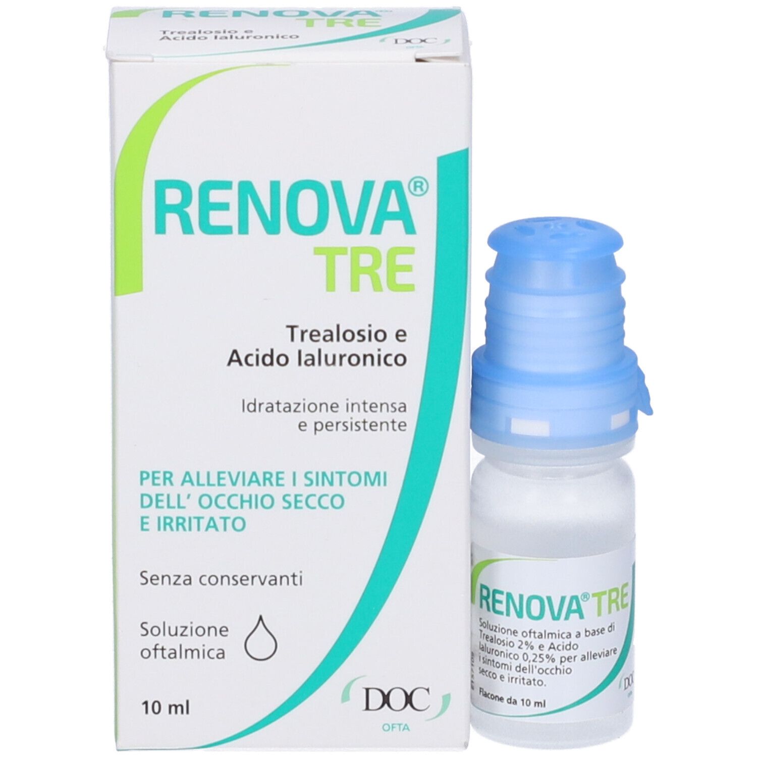 Confezione e flacone di collirio. Contiene trealosio e acido ialuronico. 10 ml.
