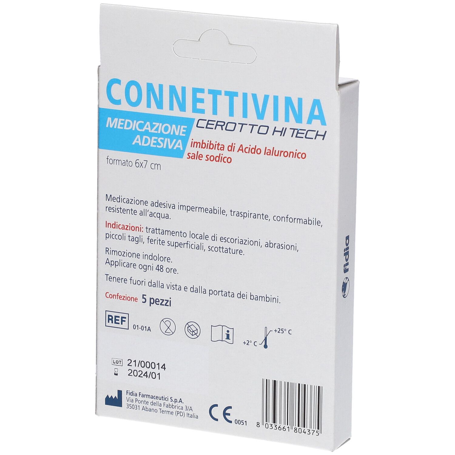 Retro della confezione di Connettivina Cerotto Hi Tech. Contiene informazioni e marchio CE.