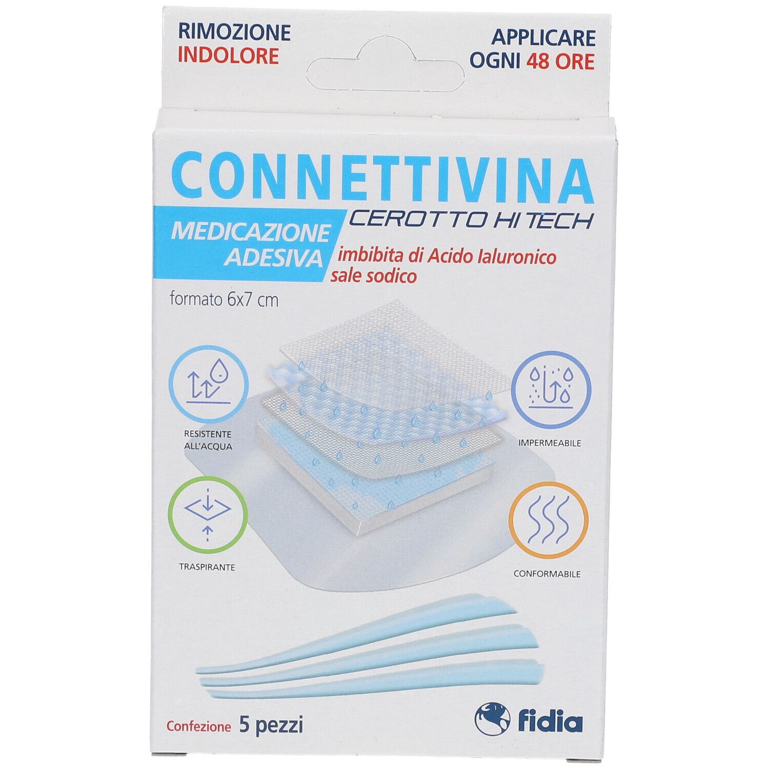 Confezione di Connettivina Cerotto Hi Tech. Contiene 5 pezzi. Scritte: 6x7 cm, resistente all'acqua, traspirante, conformabile.