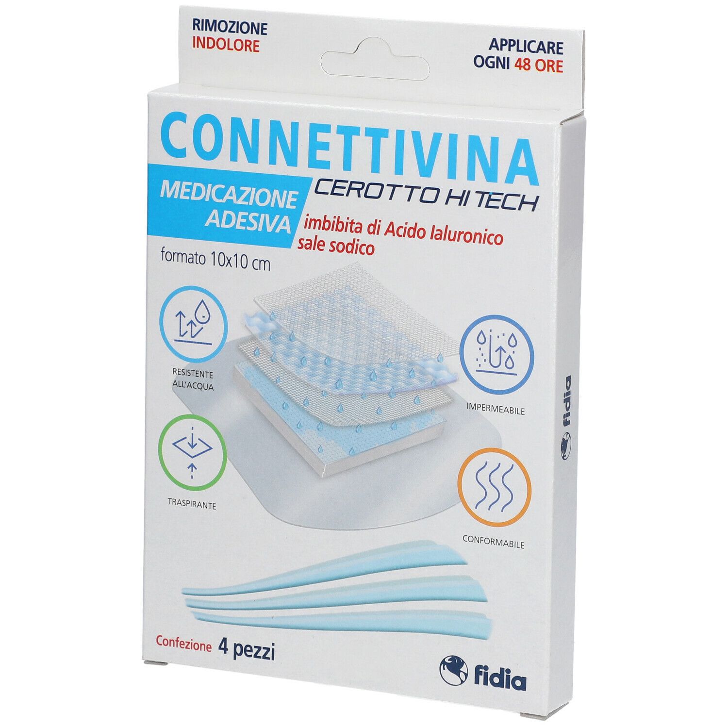 Confezione di Connettivina Cerotto Hi Tech. Contiene 4 pezzi. Formato 10x10cm. Caratteristiche: resistente all'acqua, traspirante, conformabile.