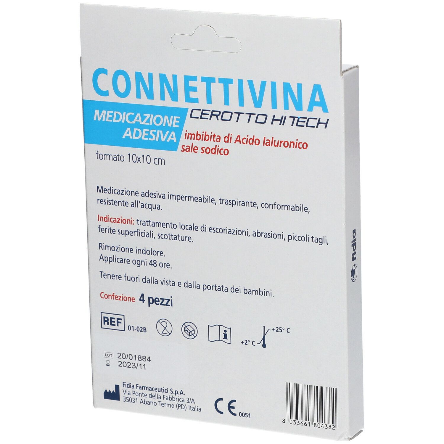 Retro confezione Connettivina Cerotto Hi Tech. Contiene 4 pezzi. Formato 10x10cm. Informazioni e marchio CE.