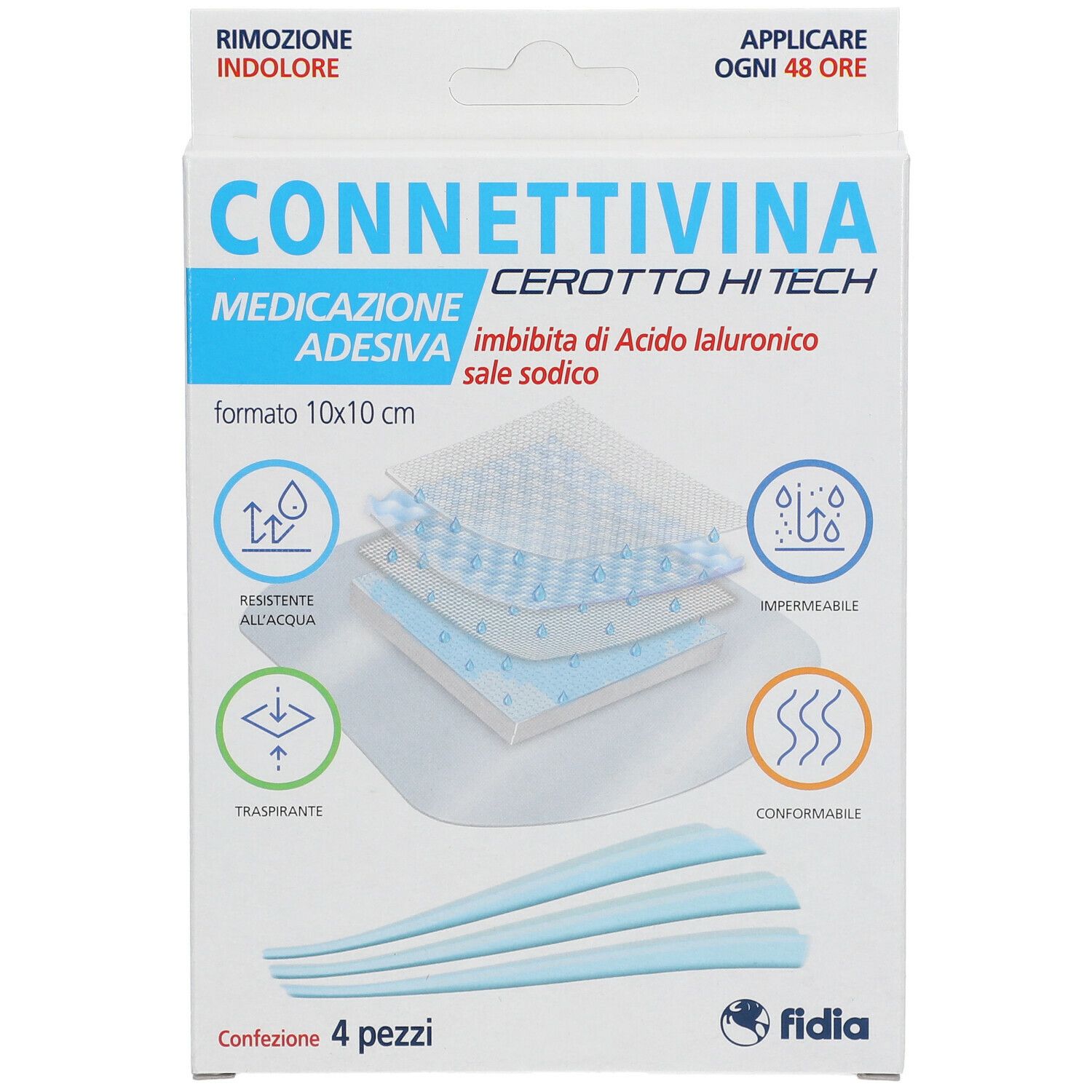 Confezione di Connettivina Cerotto Hi Tech. Contiene 4 pezzi. Formato 10x10cm. Caratteristiche: resistente all'acqua, traspirante, conformabile.