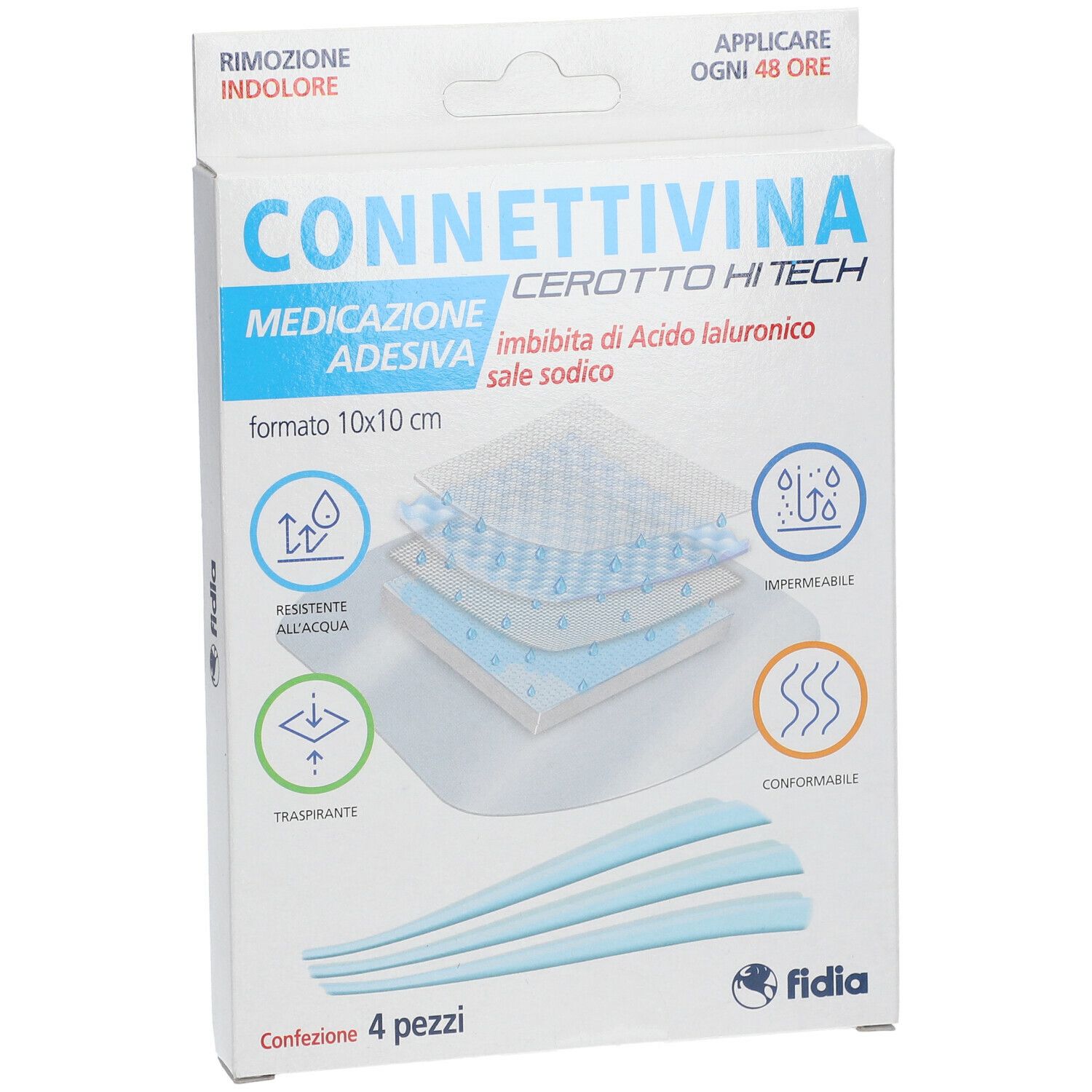 Confezione di Connettivina Cerotto Hi Tech. Contiene 4 pezzi. Formato 10x10cm. Caratteristiche: resistente all'acqua, traspirante, conformabile.