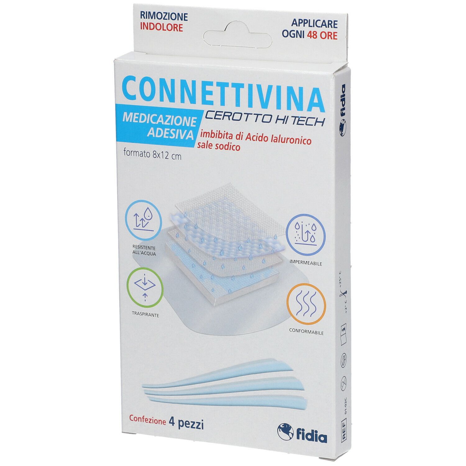 Confezione di Fidia Connettivina Cerotto Hi Tech. Contiene 4 pezzi. Formato 8x12 cm. Informazioni e logo del prodotto.
