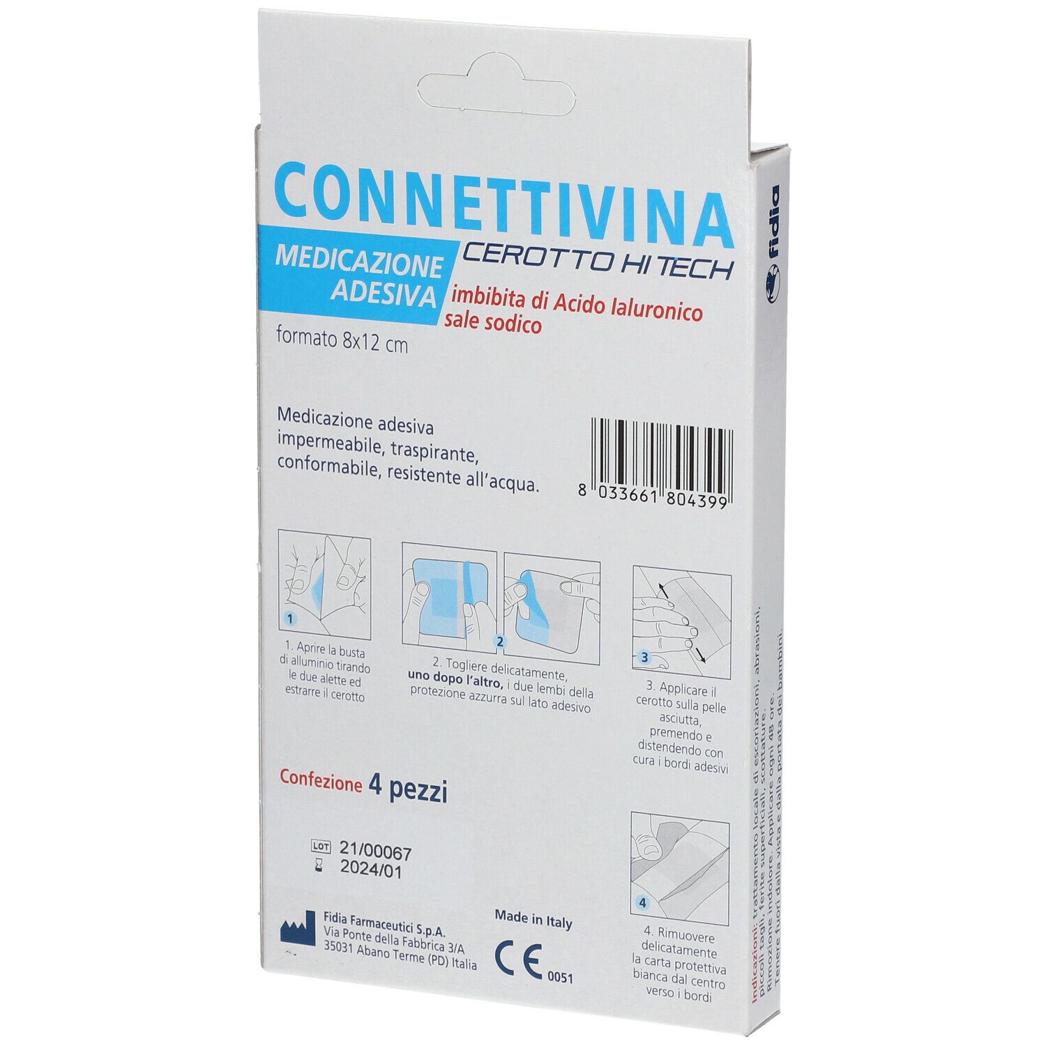 Retro della confezione Fidia Connettivina Cerotto Hi Tech. Informazioni e istruzioni. 4 pezzi.