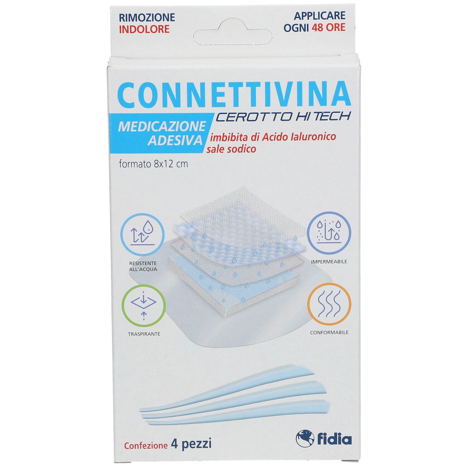 Confezione di Fidia Connettivina Cerotto Hi Tech. Contiene 4 pezzi. Formato 8x12 cm. Informazioni e logo del prodotto.