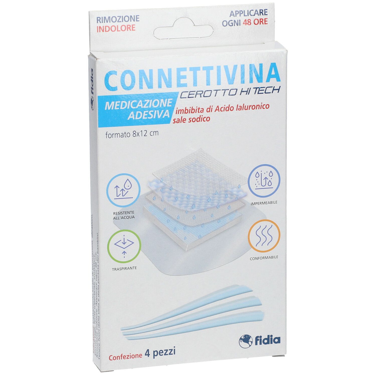 Confezione di Fidia Connettivina Cerotto Hi Tech. Contiene 4 pezzi. Formato 8x12 cm. Informazioni e logo del prodotto.