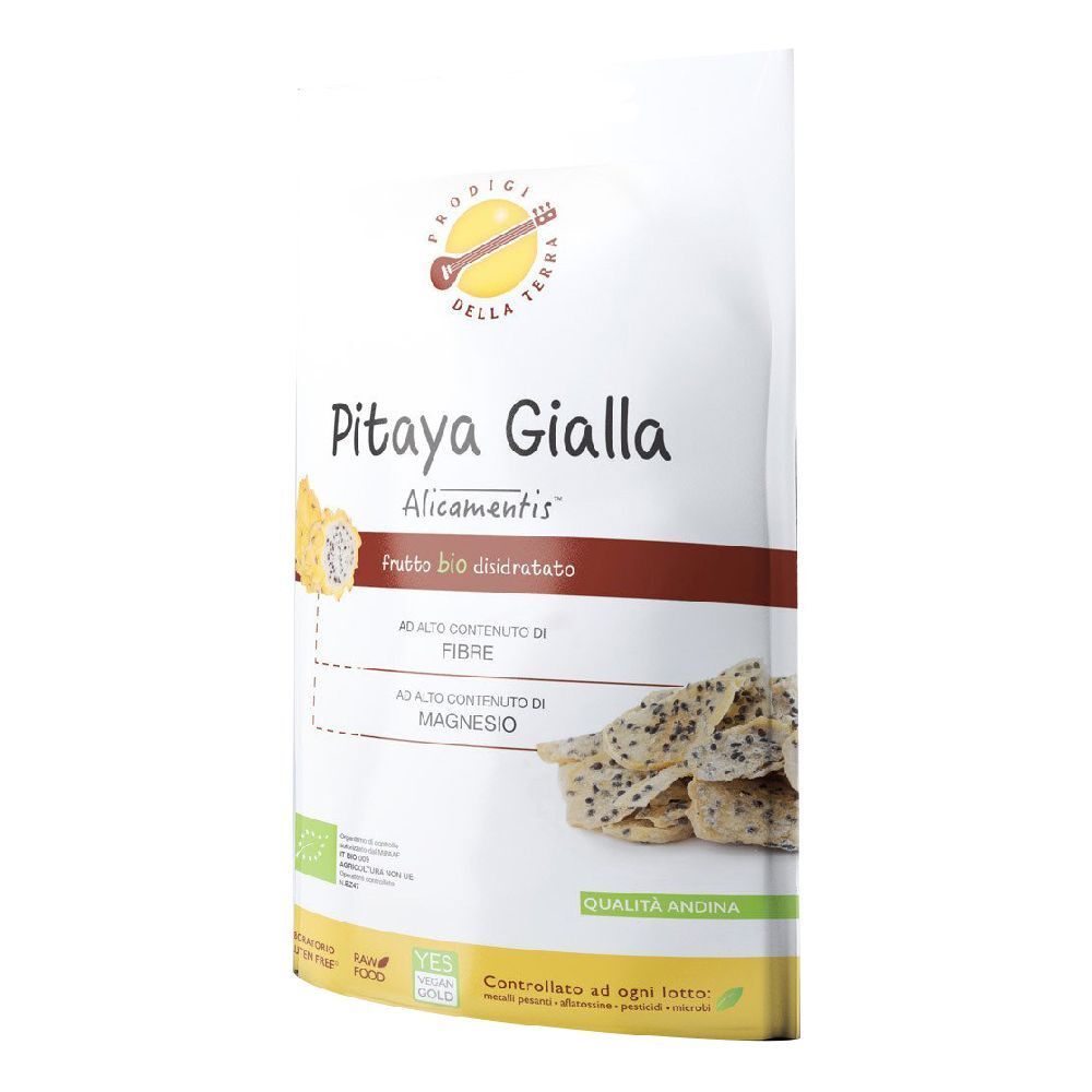Confezione di Pitaya Gialla Alicamentis. Scritto: Frutto bio disidratato. Alto contenuto di fibre e magnesio. Qualità biologica.
