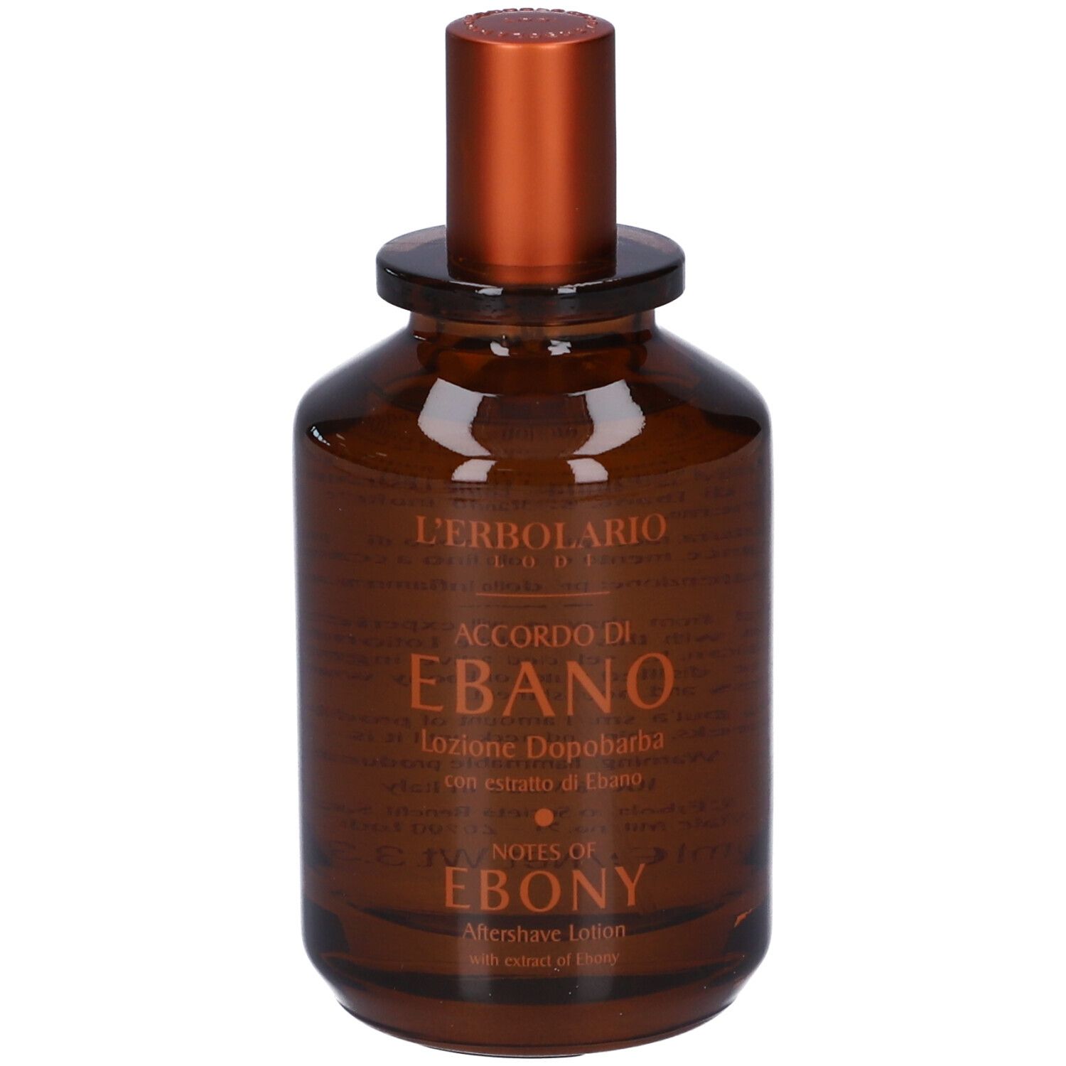 Flacone in vetro marrone con tappo marrone. Scritta: Accordo di Ebano, Aftershave Lotion.