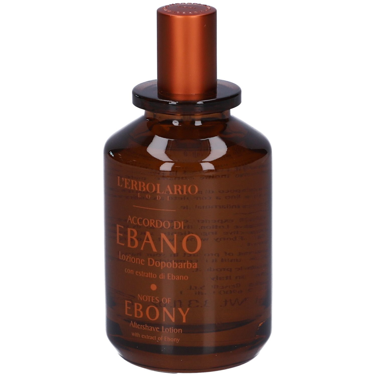 Flacone in vetro marrone con tappo marrone. Scritta: Accordo di Ebano, Aftershave Lotion.