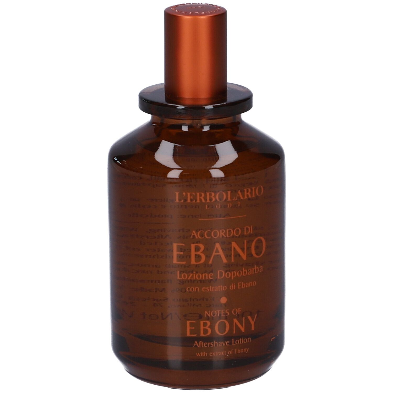 Flacone in vetro marrone con tappo marrone. Scritta: Accordo di Ebano, Aftershave Lotion.
