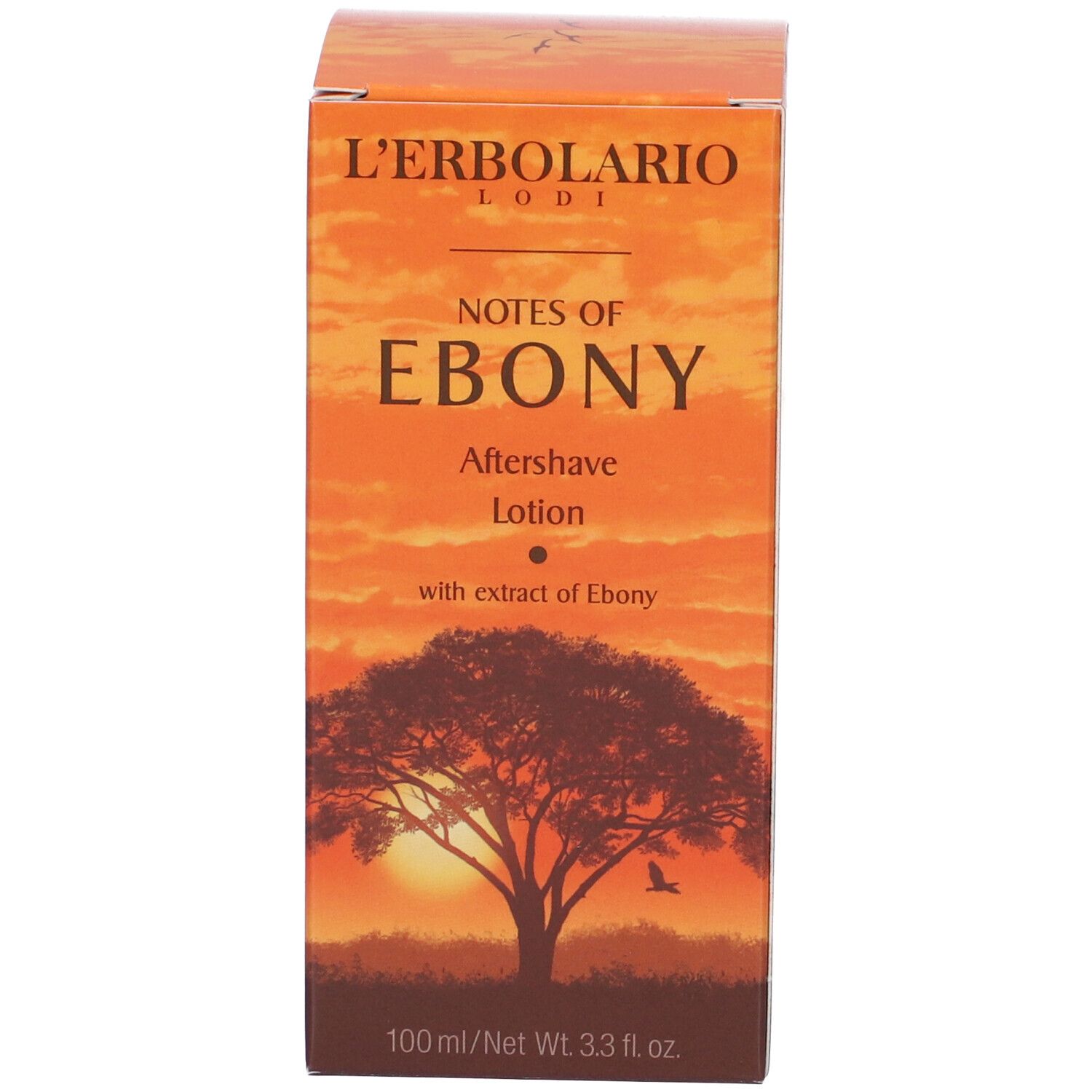 Confezione arancione con motivo albero. Scritta: Notes of Ebony, Aftershave Lotion.
