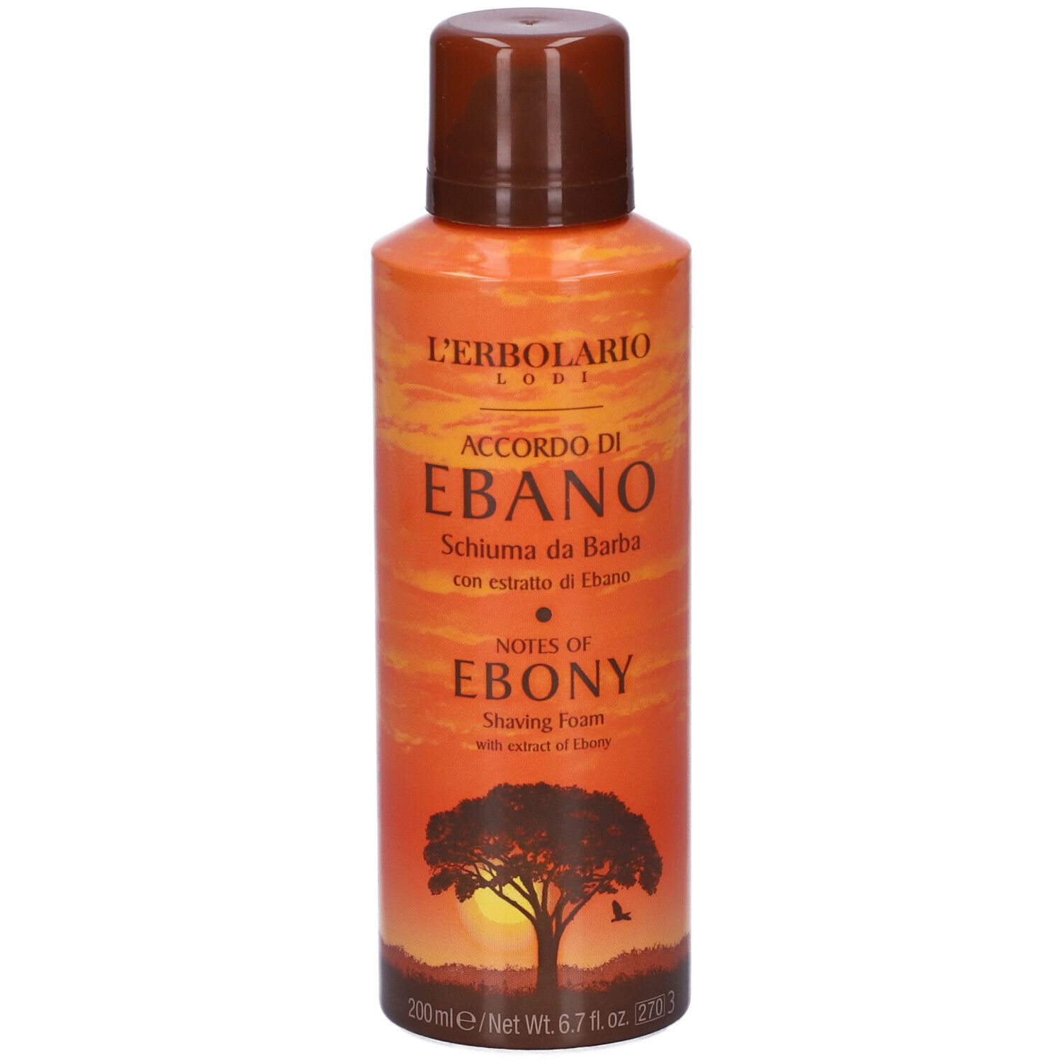 Flacone arancione e marrone. Scritta: Accordo Di Ebano Schiuma da Barba. Silhouette albero.