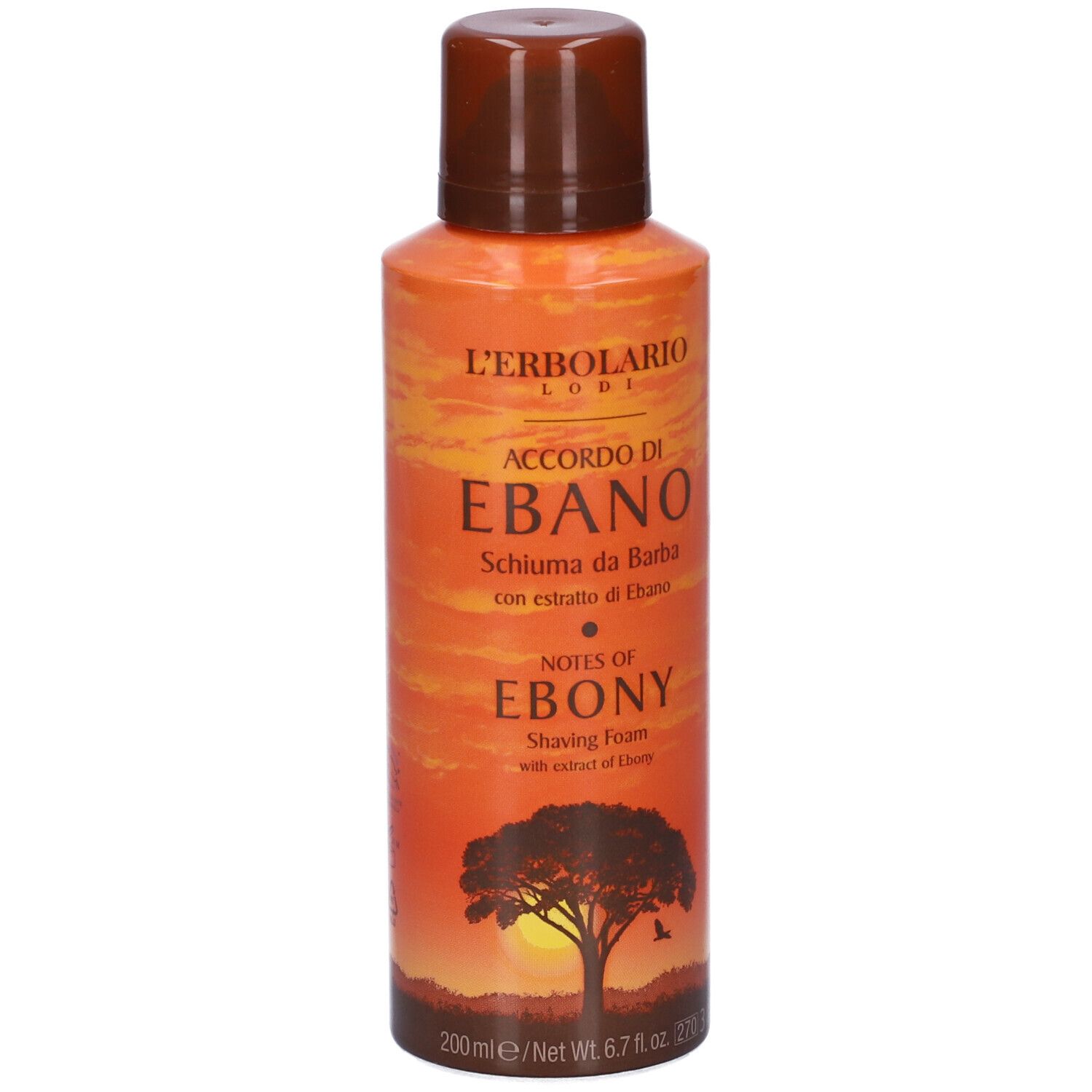 Flacone arancione e marrone. Scritta: Accordo Di Ebano Schiuma da Barba. Silhouette albero.