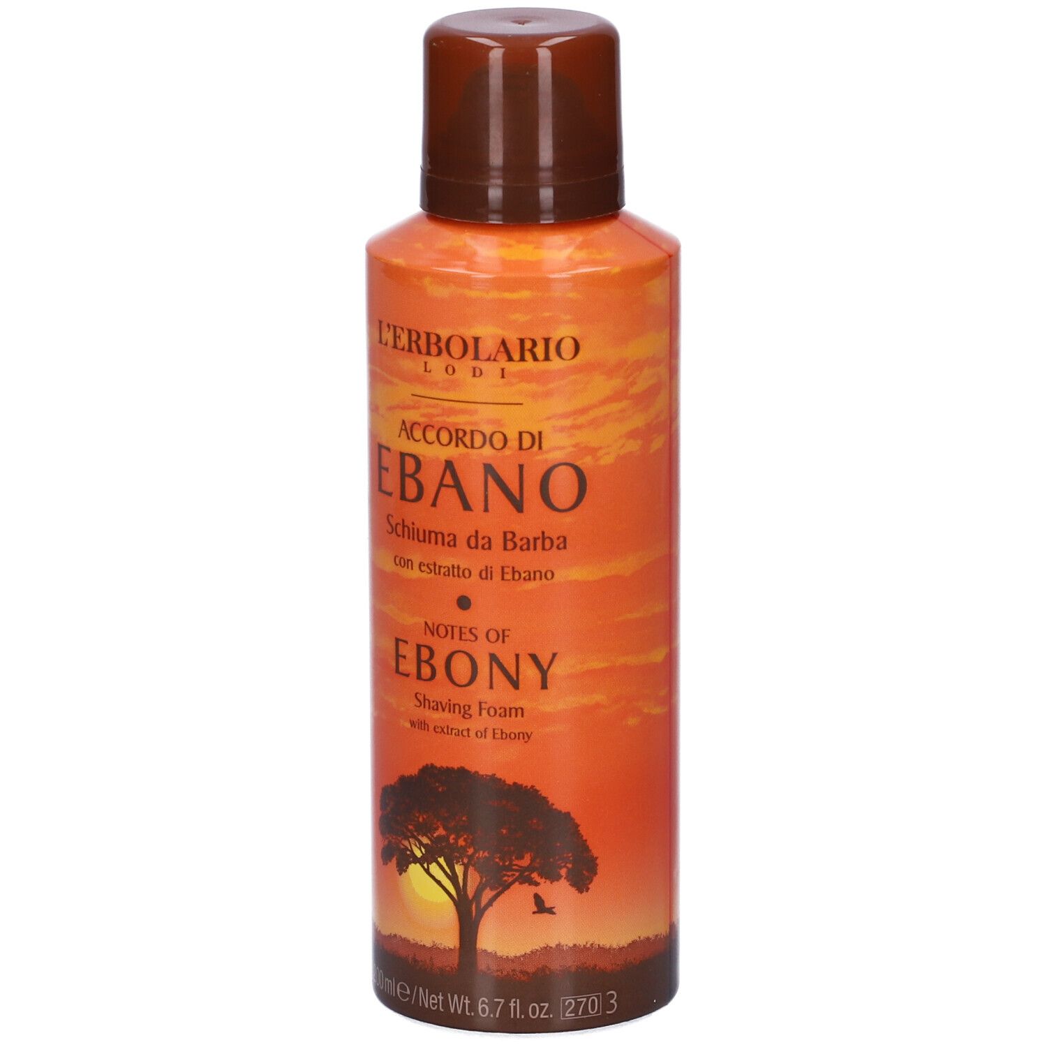 Flacone arancione e marrone. Scritta: Accordo Di Ebano Schiuma da Barba. Silhouette albero.