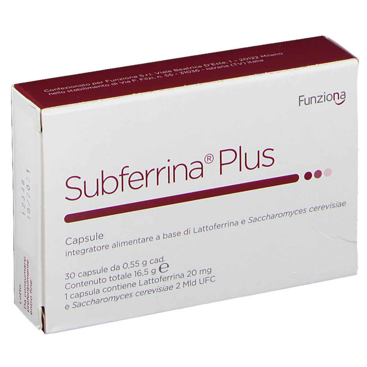 Scatola Subferrina® Plus. Contiene capsule. Scatola bianca con testo e dettagli bordeaux.