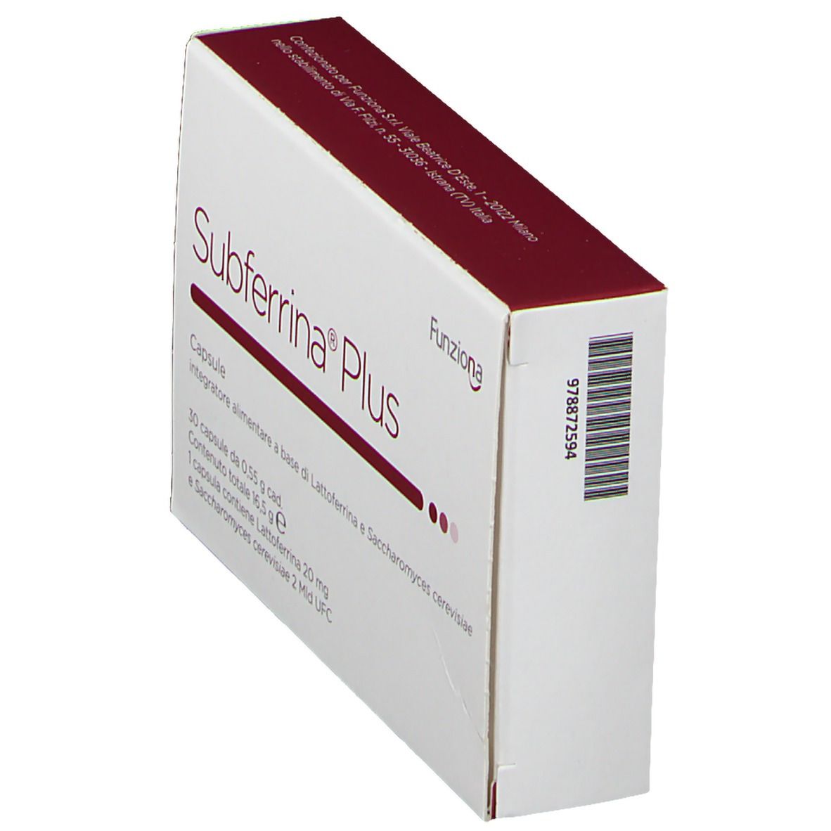 Confezione Subferrina® Plus angolata. Scatola bianca con testo bordeaux. Codice a barre laterale.