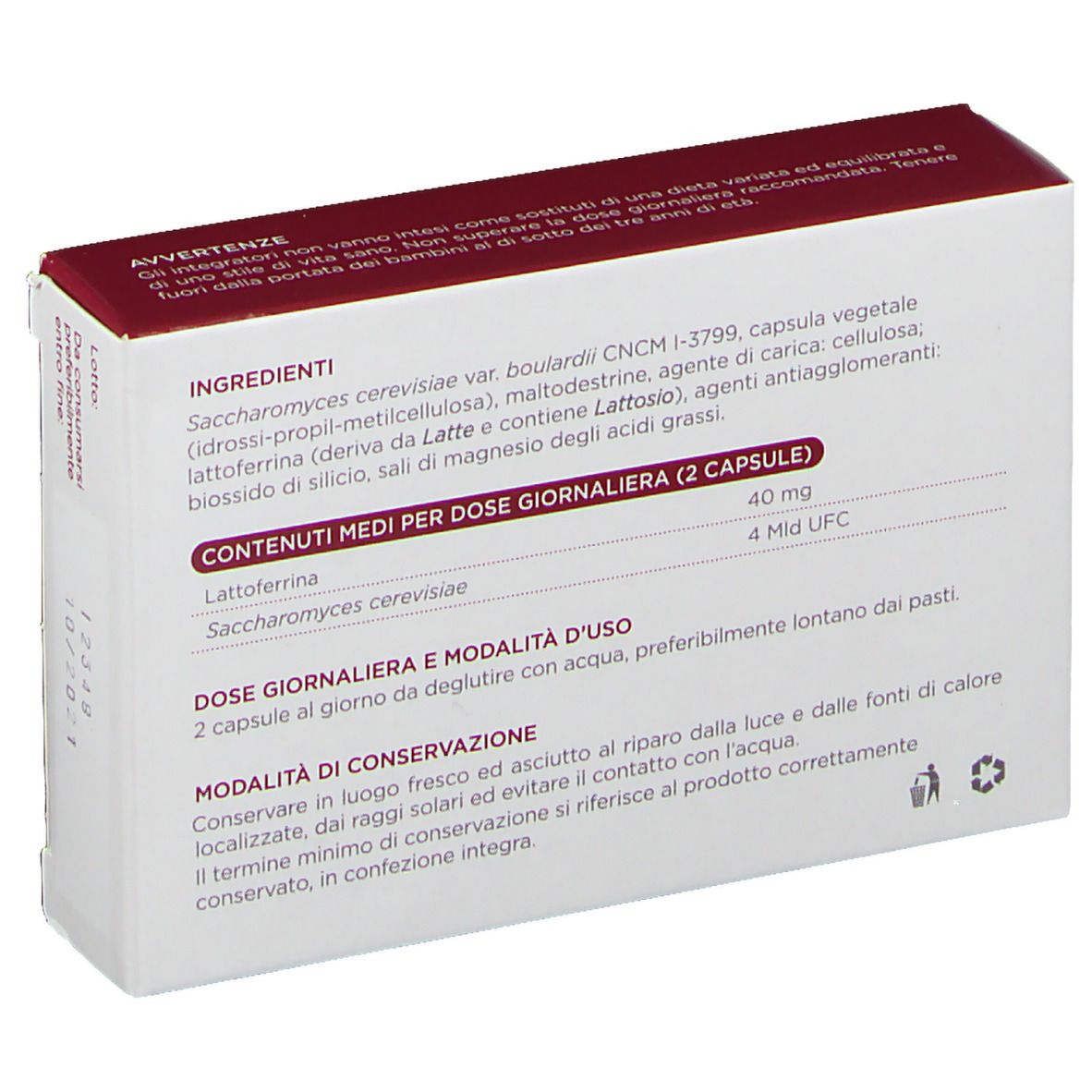 Retro della confezione Subferrina® Plus. Informazioni su ingredienti e dosaggio. Scatola bianca con testo bordeaux.
