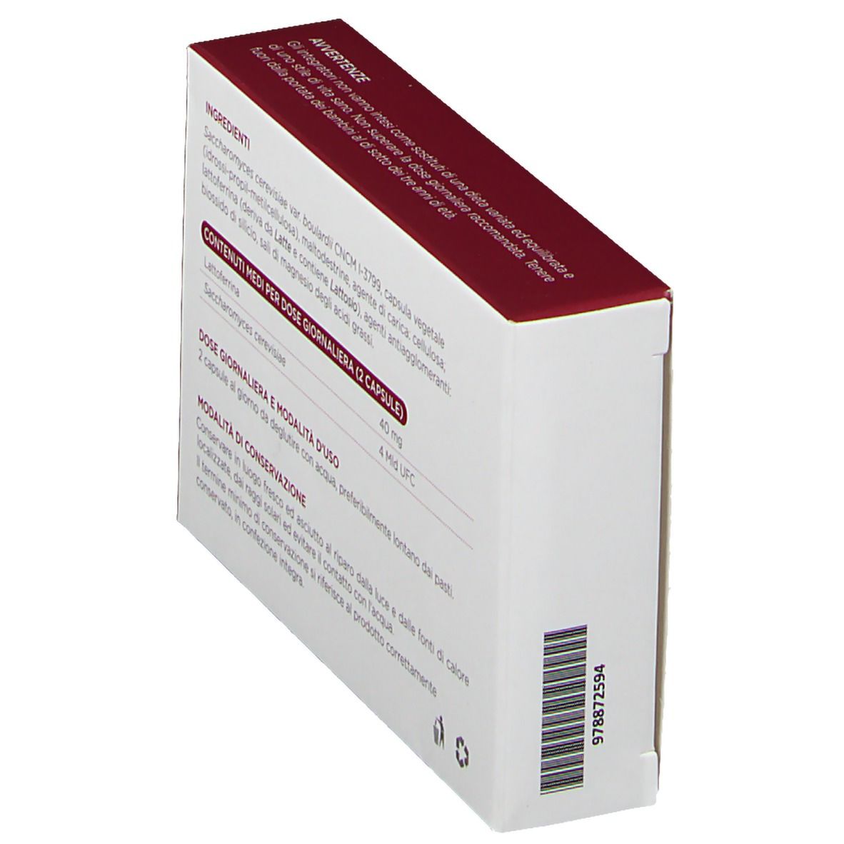 Retro angolato della confezione Subferrina® Plus. Contiene informazioni. Scatola bianca con testo bordeaux.