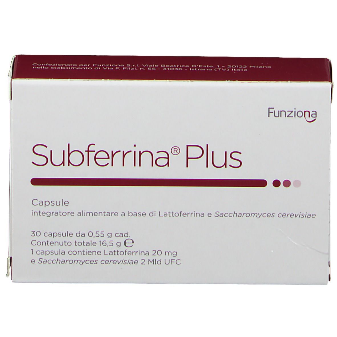 Scatola Subferrina® Plus. Contiene capsule. Scatola bianca con testo e dettagli bordeaux.