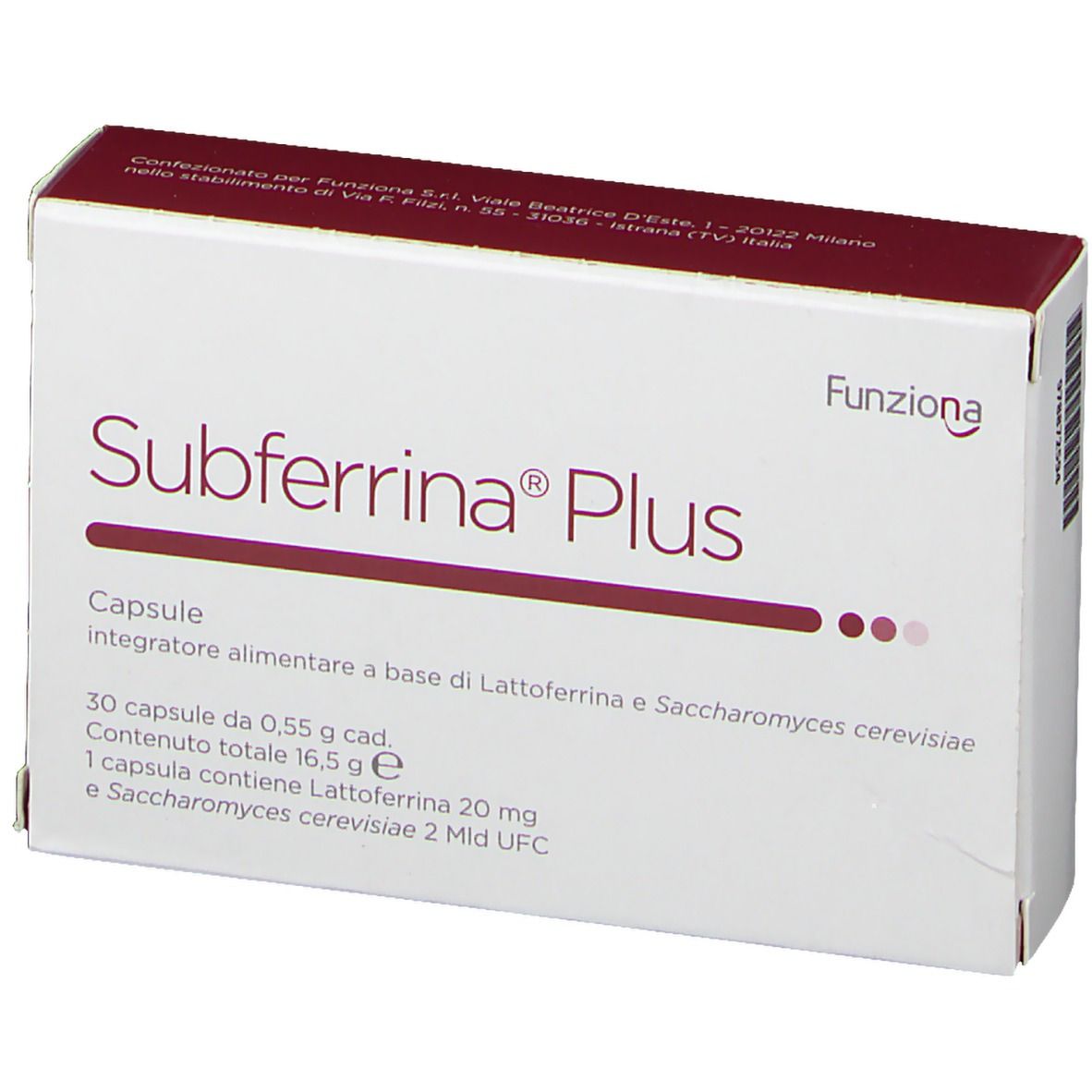 Scatola Subferrina® Plus. Contiene capsule. Scatola bianca con testo e dettagli bordeaux.