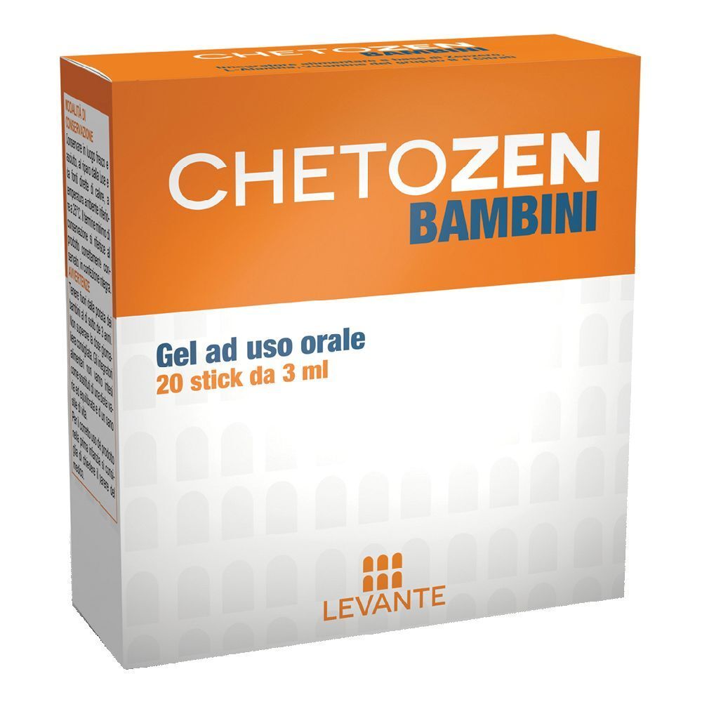 Scatola arancione e bianca con scritta « CHETOZEN BAMBINI ». Contiene 20 stick da 3 ml. Marchio: Levante.