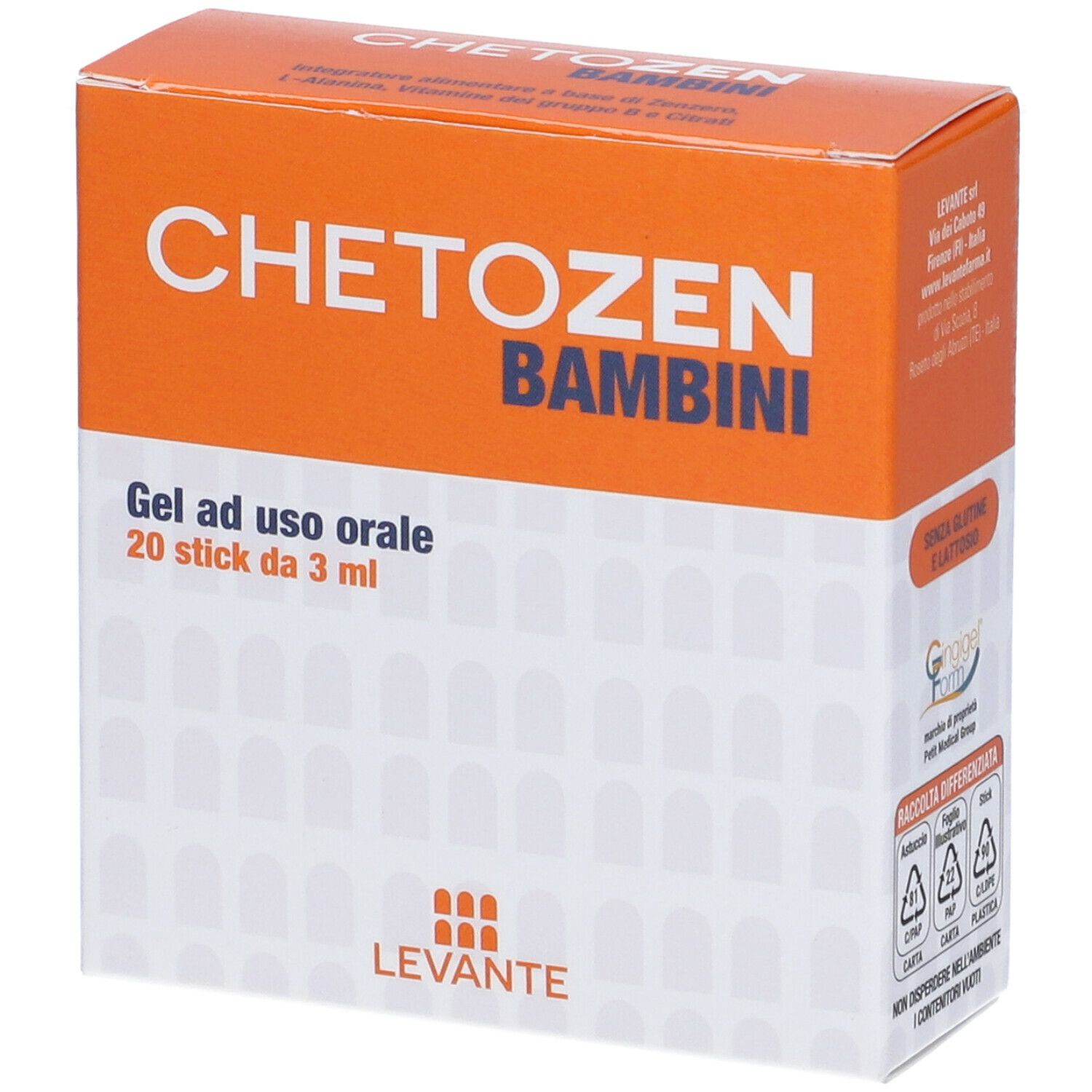 Scatola arancione e bianca con « CHETOZEN BAMBINI ». Contiene 20 stick da 3 ml. Senza glutine e lattosio. Marchio: Levante.