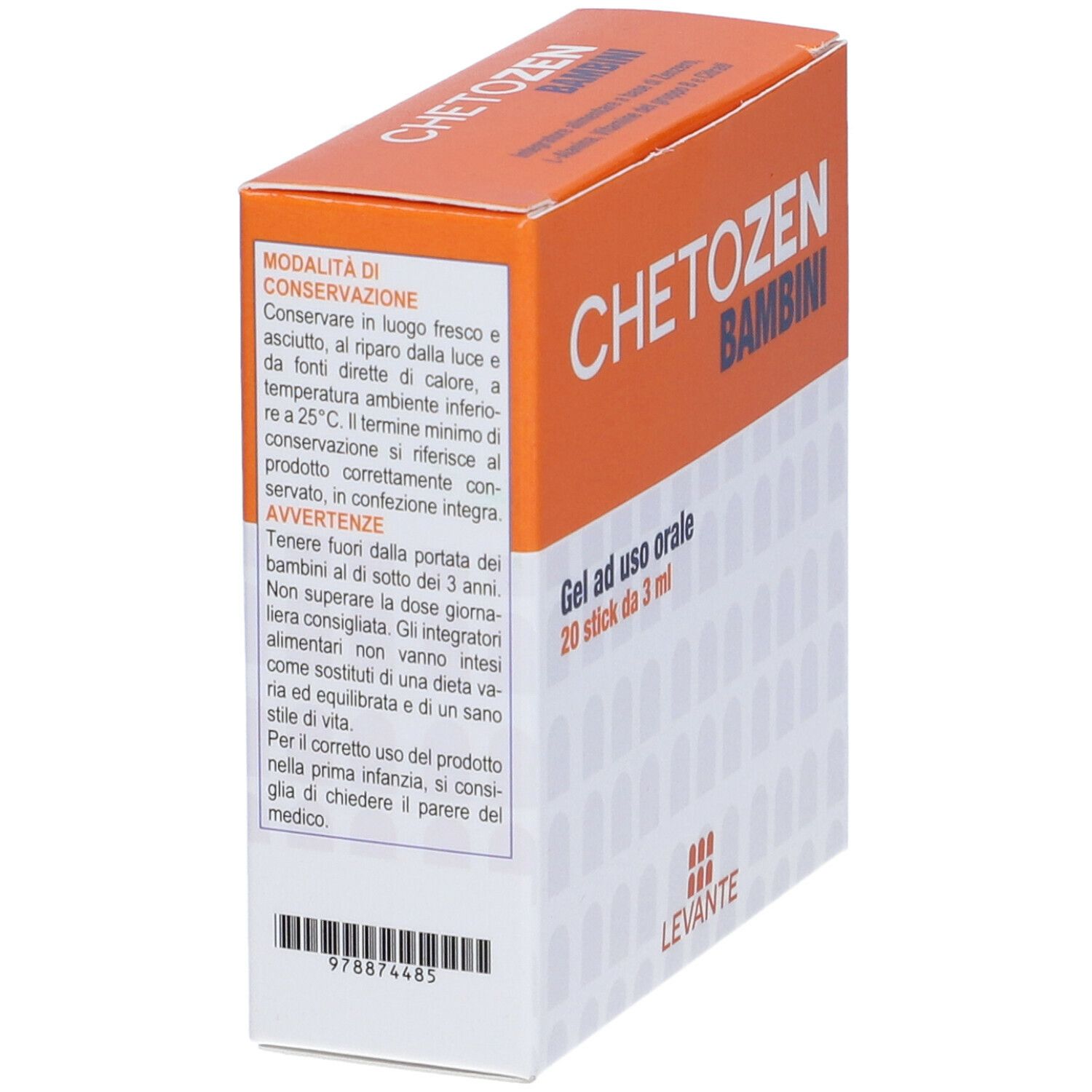 Scatola con « CHETOZEN BAMBINI ». Contiene 20 stick da 3 ml. Testo su conservazione e precauzioni. Marchio: Levante.