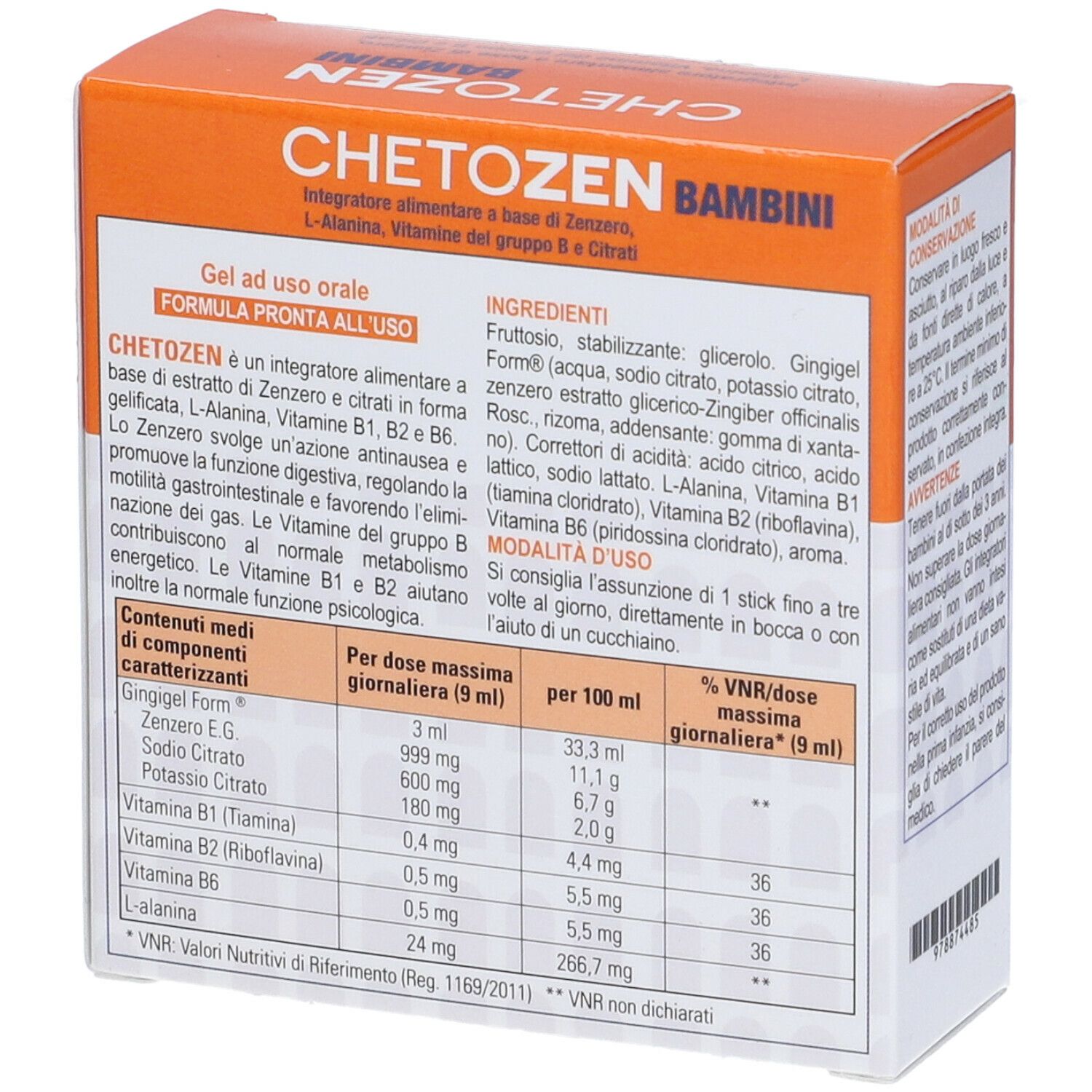 Retro della scatola con « CHETOZEN BAMBINI ». Contiene informazioni sugli ingredienti e i valori nutrizionali. Marchio: Levante.