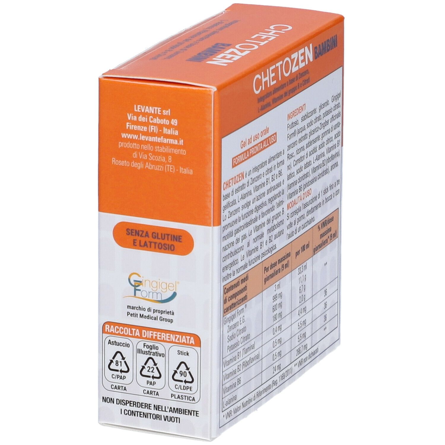 Scatola con « CHETOZEN BAMBINI ». Contiene informazioni sugli ingredienti e i valori nutrizionali. Marchio: Levante.