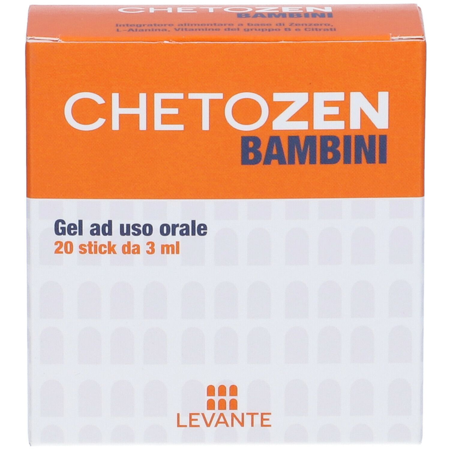 Scatola arancione e bianca con scritta « CHETOZEN BAMBINI ». Contiene 20 stick da 3 ml. Marchio: Levante.