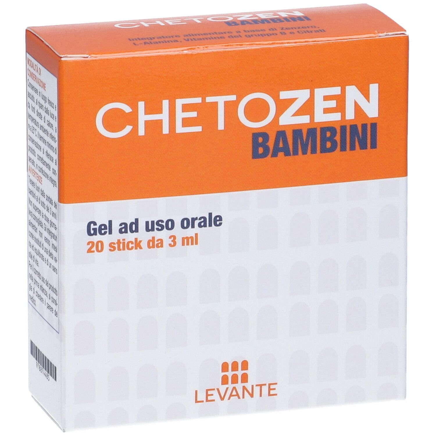 Scatola arancione e bianca con scritta « CHETOZEN BAMBINI ». Contiene 20 stick da 3 ml. Marchio: Levante.