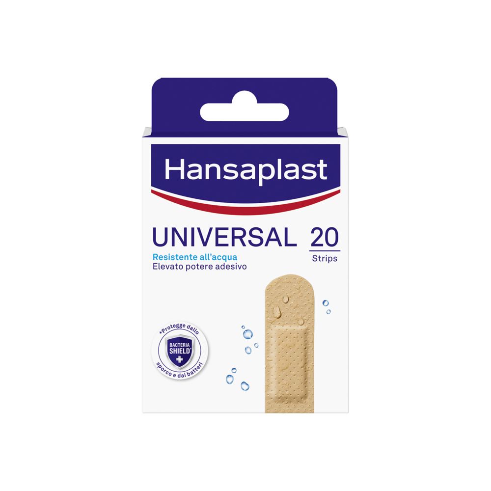 Confezione di cerotti Hansaplast Universal. 20 pezzi, impermeabili e traspiranti. Cerotto beige con gocce.