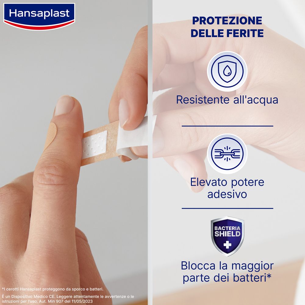 Dito con cerotto Hansaplast. Testo: Protezione delle ferite, resistente all'acqua, elevata adesività, protezione batterica.