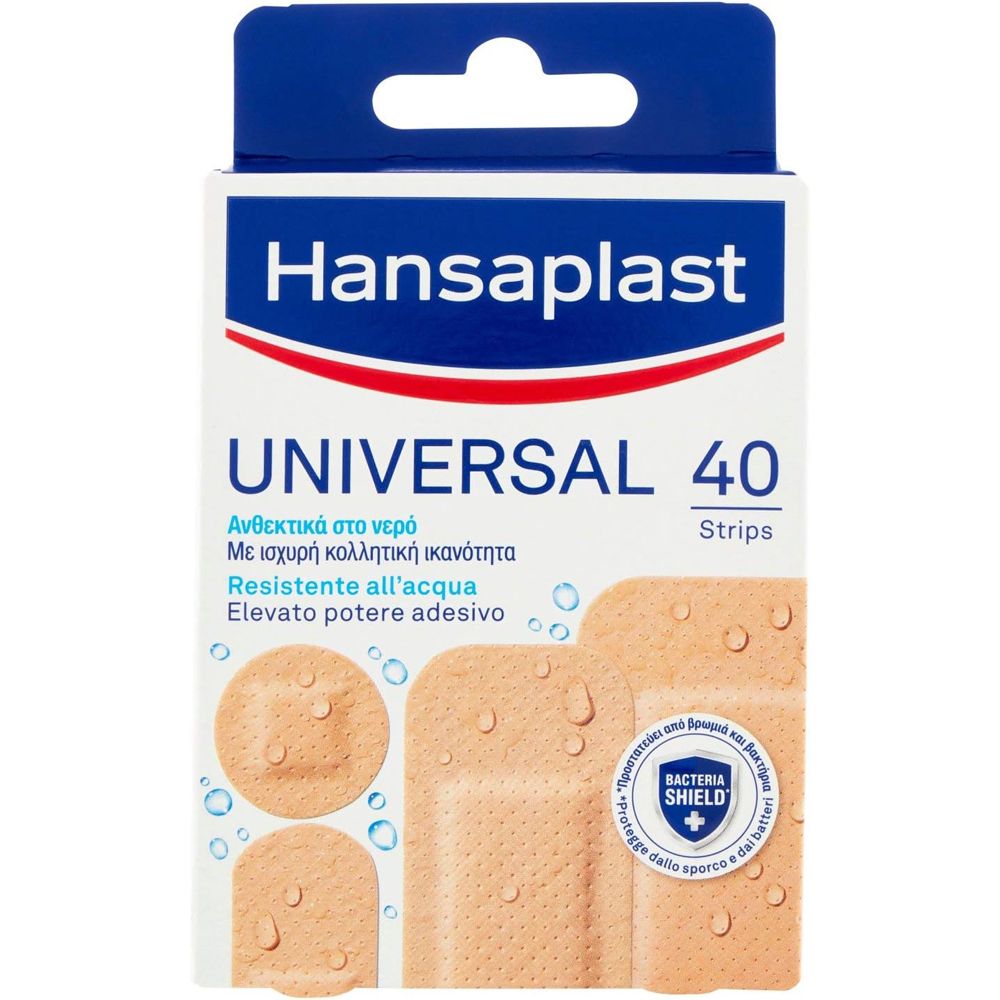 Confezione di cerotti Hansaplast Universal. 40 pezzi in vari formati. Impermeabili e traspiranti.