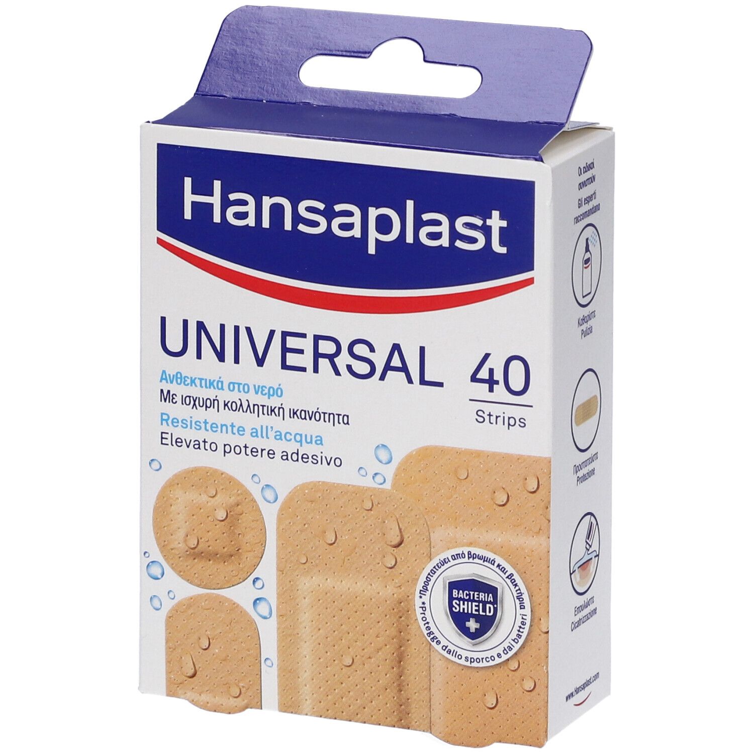 Verpackung mit Hansaplast Universal Pflastern. 40 Stück in verschiedenen Größen. Wasserdicht und atmungsaktiv.