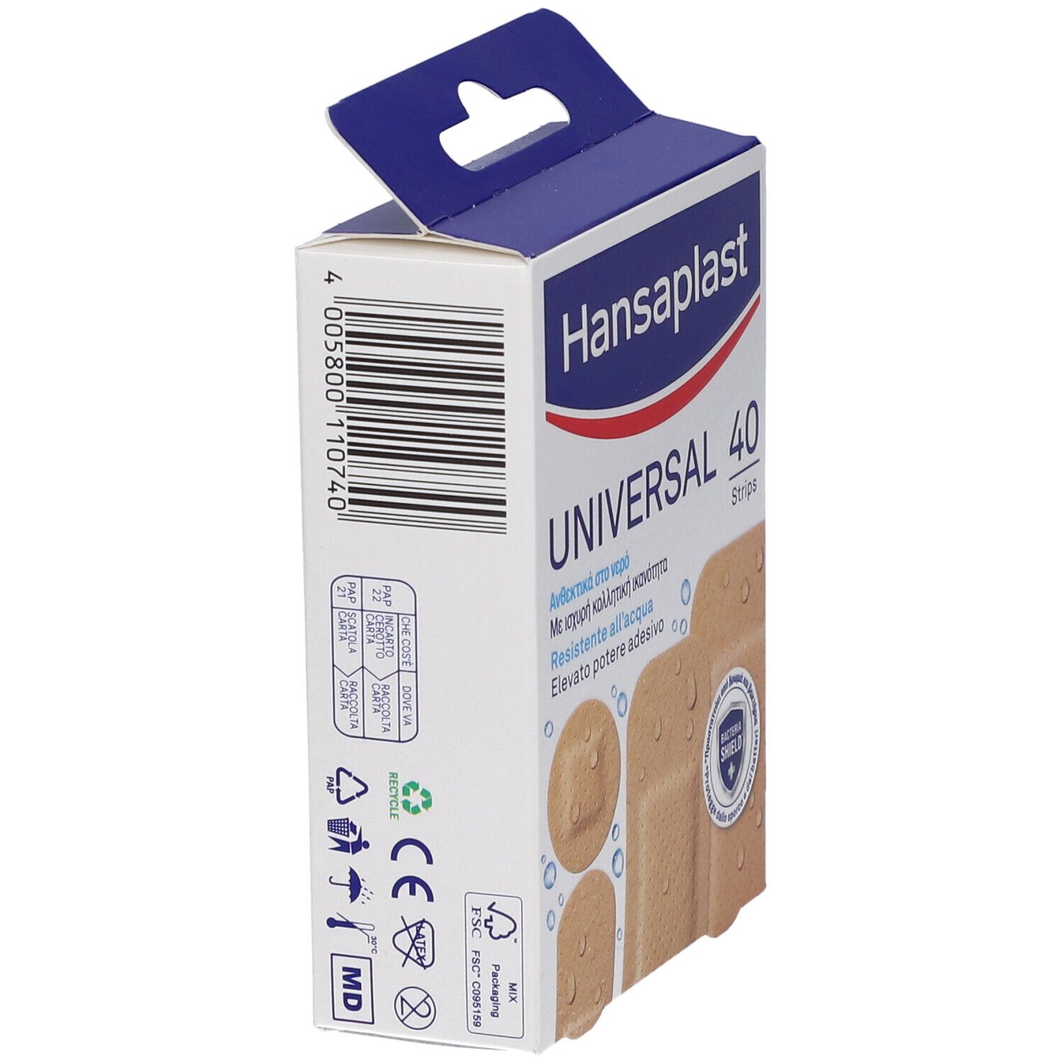 Seitenansicht der Hansaplast Universal Pflasterverpackung. Barcode und Produktinformationen sichtbar.