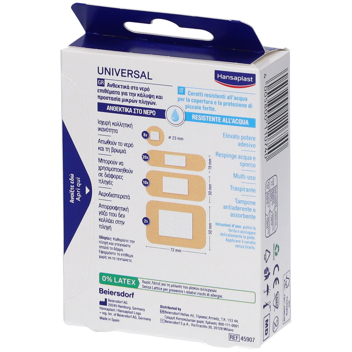 Rückseite der Hansaplast Universal Pflasterverpackung. Größenangaben und Produktmerkmale.